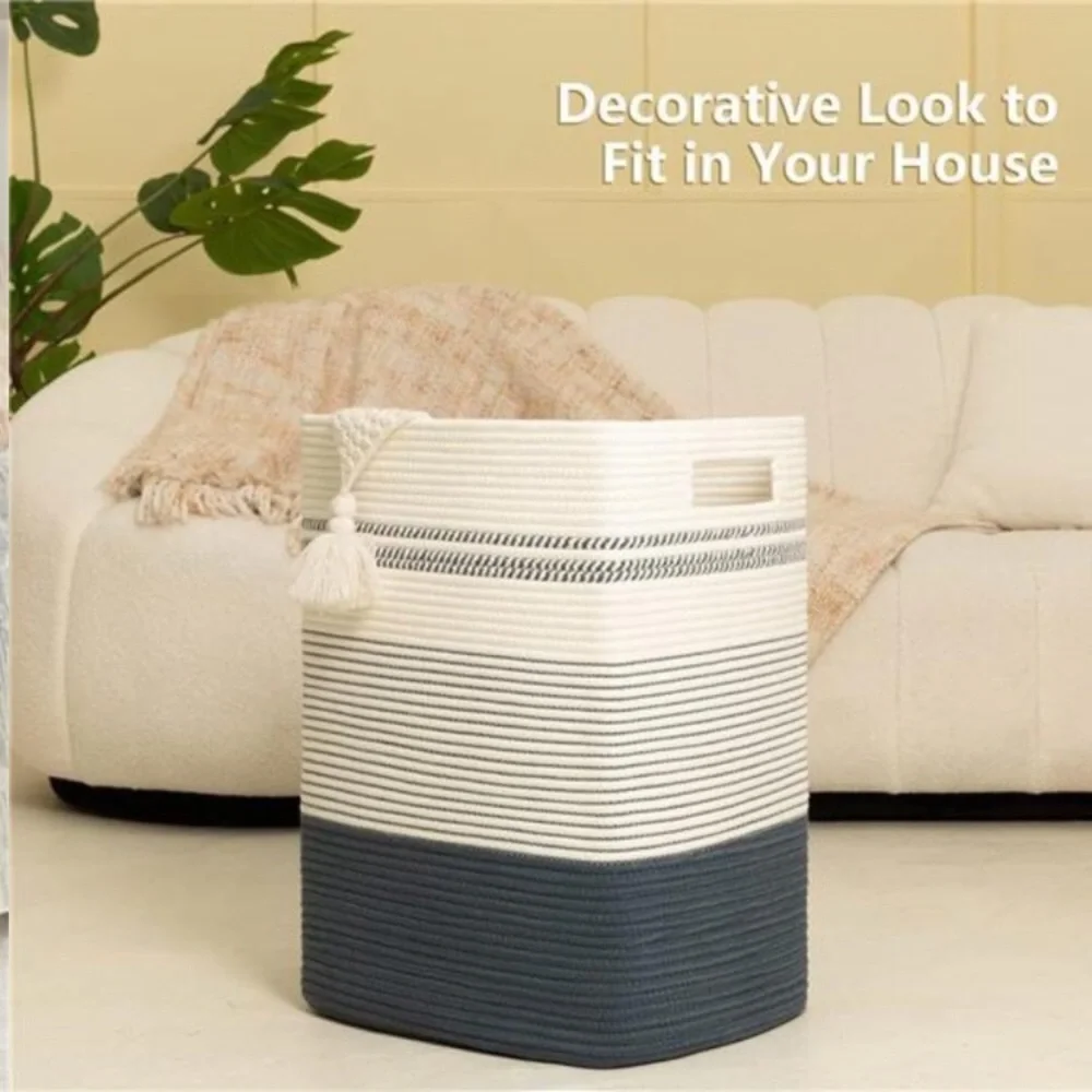 Large Woven Rope Tall Laundry Basket with Handles Dark Blue& White